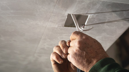 Electrician performs electric installation on the ceiling of a house.