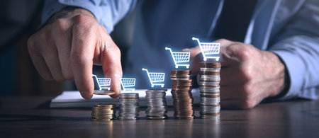 Stack of coins with a shopping cart. shopping. business