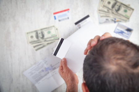 Stressed man feeling headache. domestic accounting with paperworkの写真素材