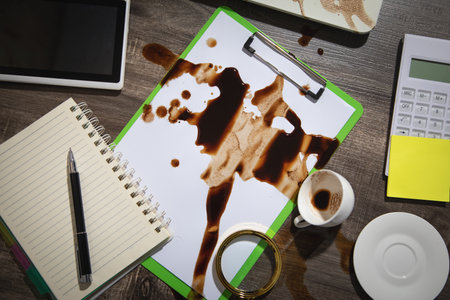 Coffee spilled over document and business objects.の写真素材