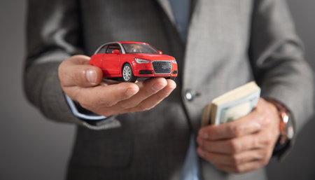 Man holding red toy car.の写真素材