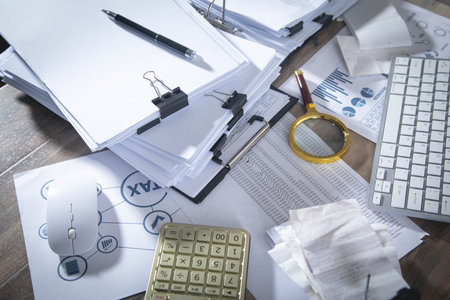 Calculator, keyboard, pen, documents, magnifying glass. business. Accounting