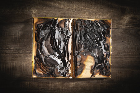 Burning book on the wooden table.の写真素材