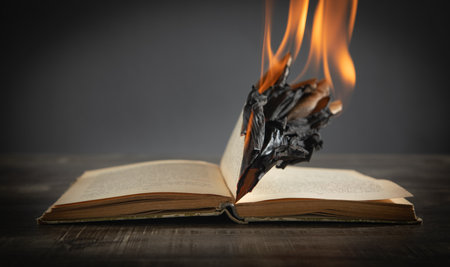 Burning book on the wooden table.