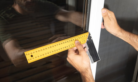 man measuring window. Installing new windows in house