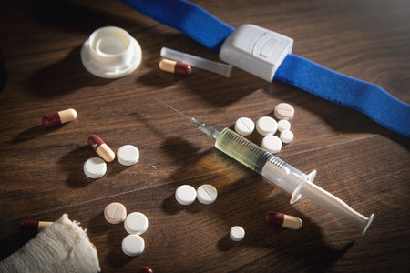 Pills and syringe on the wooden table.