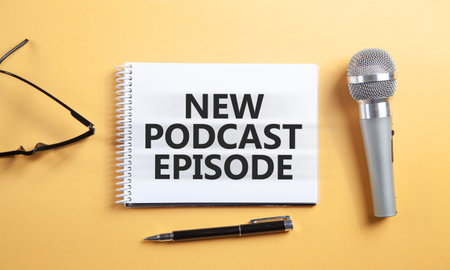 New Podcast Episode message with a microphone.の写真素材