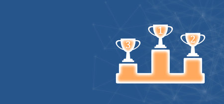 Winners podium with three winning cups.