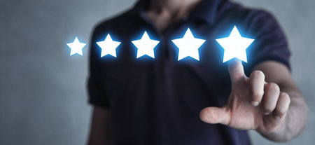 Man showing 5 star. service rating. satisfaction