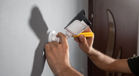 Technician installing CCTV camera system for home.