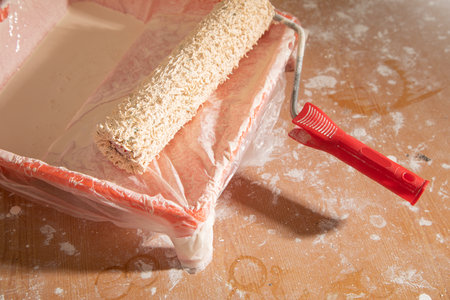 Paint roller in tray with paint.の写真素材