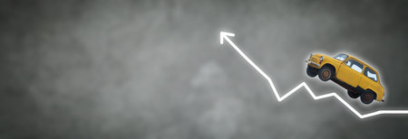 Growing arrow with a car model. Rising car sales or costの写真素材