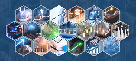 Digital pictures of business graphs with a hexagonal forms.