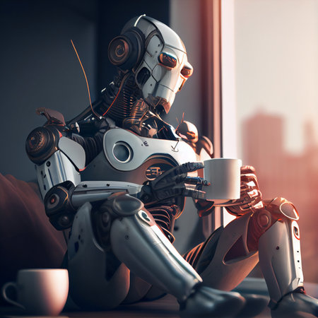 Robot with a cup of coffee in his hands. Generative AIの素材