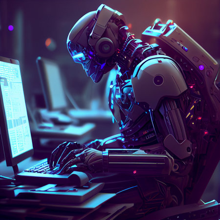 Robot working in an office with a computer. Generative AIの素材