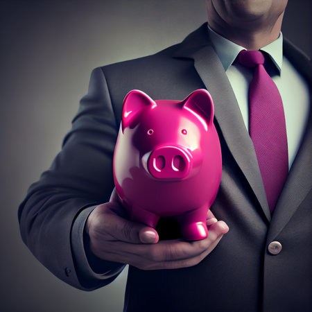 businessman holding piggy. Saving concept. Generative AIの素材