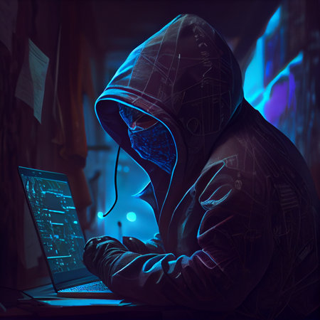 Hooded hacker stealing information from a laptop. Generative AIの素材