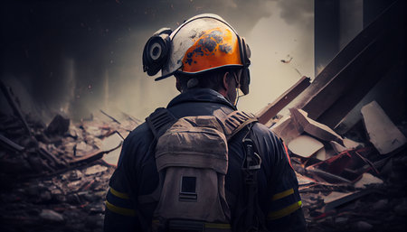 Rescuer in uniform and helmet. Earthquake. Generative AIの素材