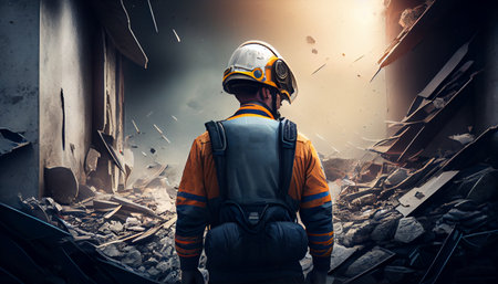 Rescuer in uniform and helmet. Earthquake. Generative AIの素材
