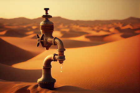 Old rusty water tap in the desert. Generative AIの素材