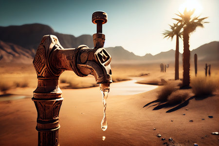 Old rusty water tap in the desert. Generative AIの素材