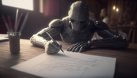 Robot writing in paper. Generative AIの素材