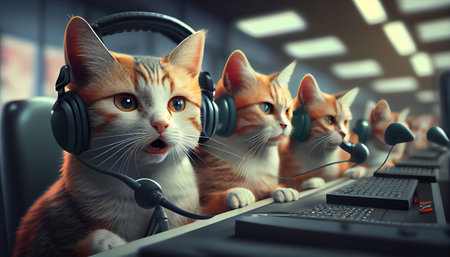 Group of cats with headphones. customer service. Generative AIの素材