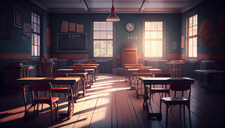 Empty classroom with chairs and tables. Generative AIの素材