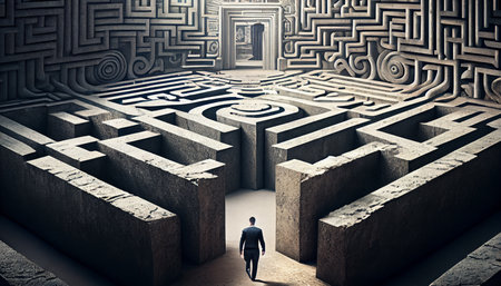Businessman standing in front of a labyrinth. Generative AIの素材