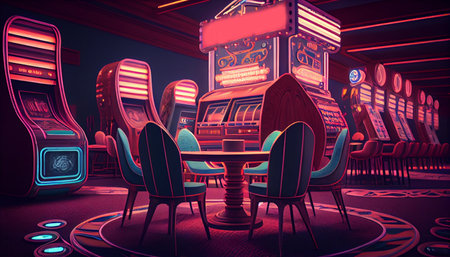 Retro casino interior with slot machines. Generative AIの素材