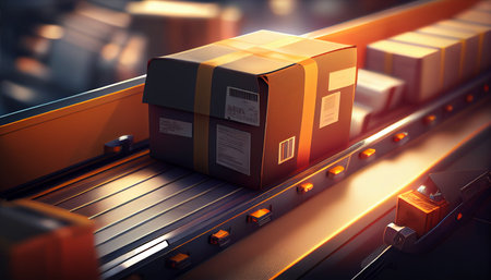 Cardboard boxes on conveyor belt. Generative AIの素材