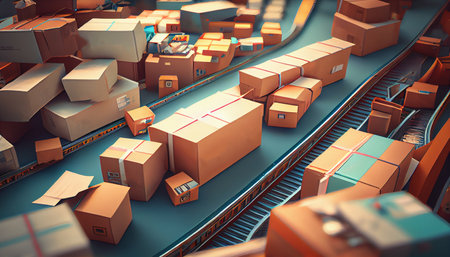 Cardboard boxes on conveyor belt. Generative AIの素材