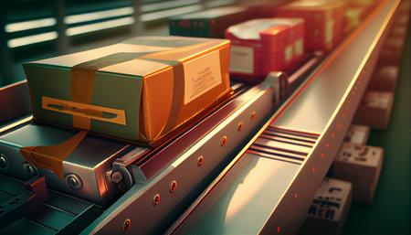 Cardboard boxes on conveyor belt. Generative AIの素材