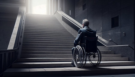 Back view of disabled man in wheelchair on stairs. Generative AIの素材