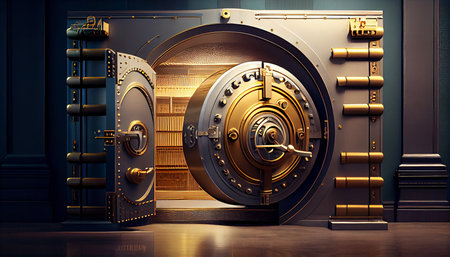 Gold bank vault door with a combination lock. Generative AIの素材