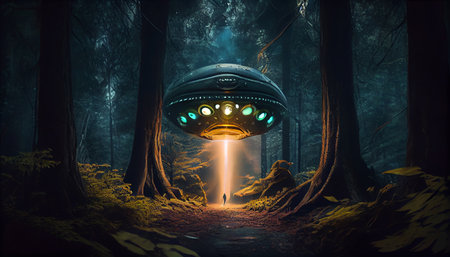 Flying alien saucer. beautiful view. Generative AIの素材