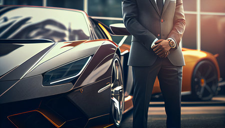 Businessman standing in front of his sport car. Generative AIの素材