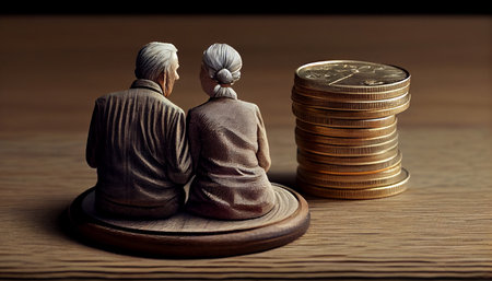 Elderly couple standing on a stack of coins. Generative AIの素材