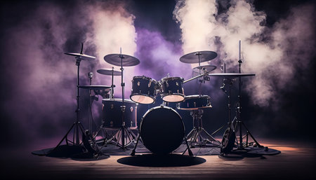 Drum kit with smoke. Generative AIの素材