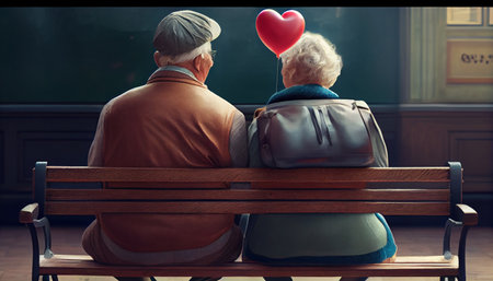 Elderly couple sitting on bench. Generative AIの素材
