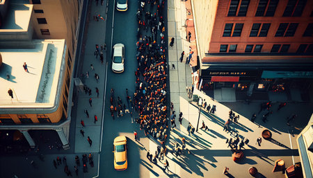 Aerial view of the crowd of people walking on the street. Generative AIの素材