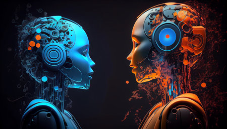 Robot or cyborg talk to each other. Generative AIの素材