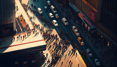 Aerial view of the crowd of people walking on the street. Generative AIの素材