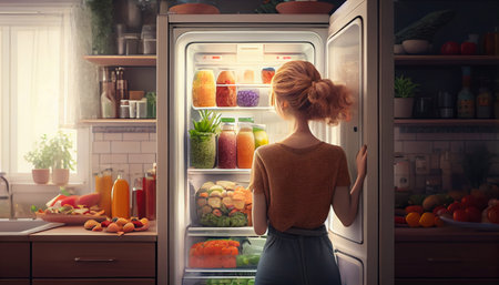 Young woman standing near open fridge full of healthy food, vegetables and fruits. Generative AIの素材
