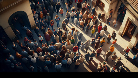 Aerial view of the crowd of people walking on the street. Generative AIの素材