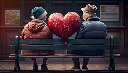 Elderly couple sitting on bench. Generative AIの素材
