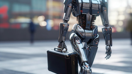 Robot with briefcase in the city. Generative AIの素材