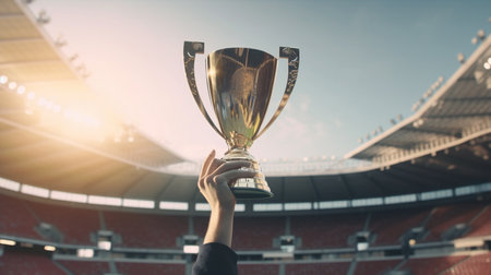 Sportsman holding trophy against view of stadium. Generative AIの素材