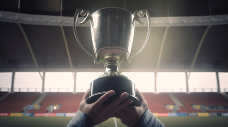 Sportsman holding trophy against view of stadium. Generative AIの素材