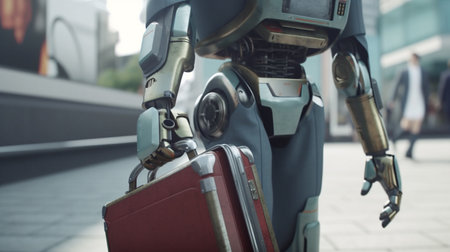Robot with briefcase in the city. Generative AIの素材